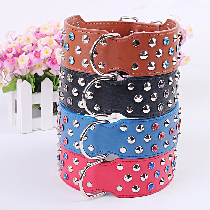 Ошейник кожаный для собак с заклепками 4 цвета|dog collar with rhinestones|large dog collarleather |