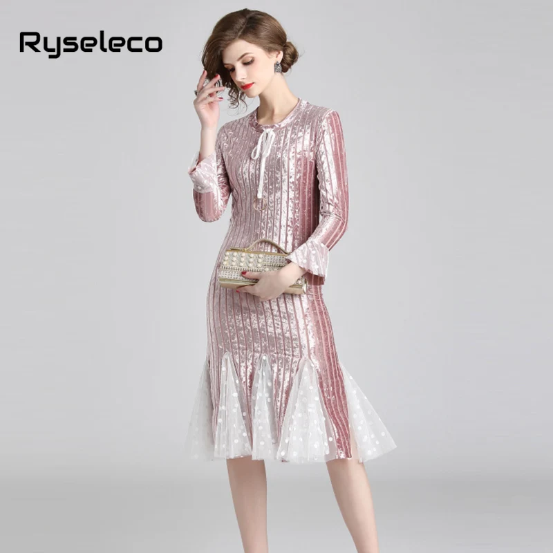 Женские новые элегантные платья с узкими рукавами в стиле факела из бархата с точечными вставками из сетки, оборками и рукавами-трубами рыбьего хвоста для повседневной носки и вечерних мероприятий.