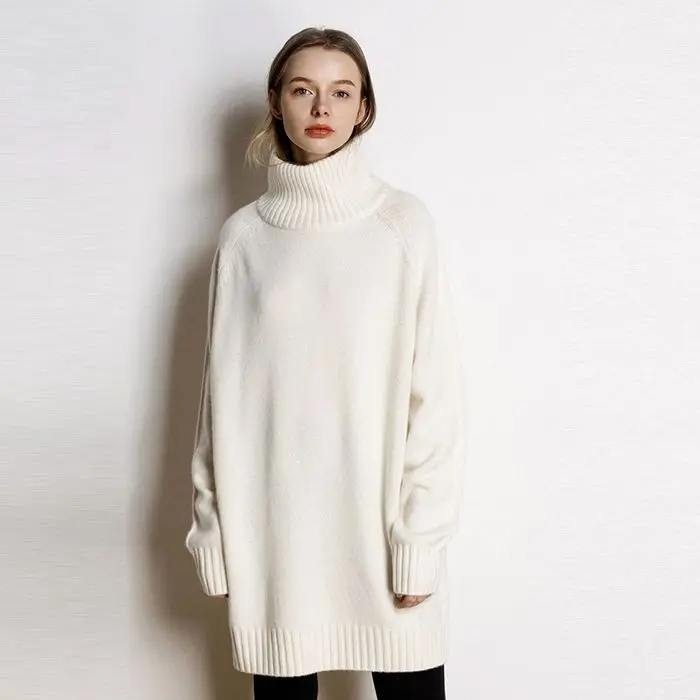 Кашемировый свитер женская новая high-neck кашемировый свитер Женские однотонные Длинные свободные свитера Большие размеры вязаный джемпер - Цвет: white