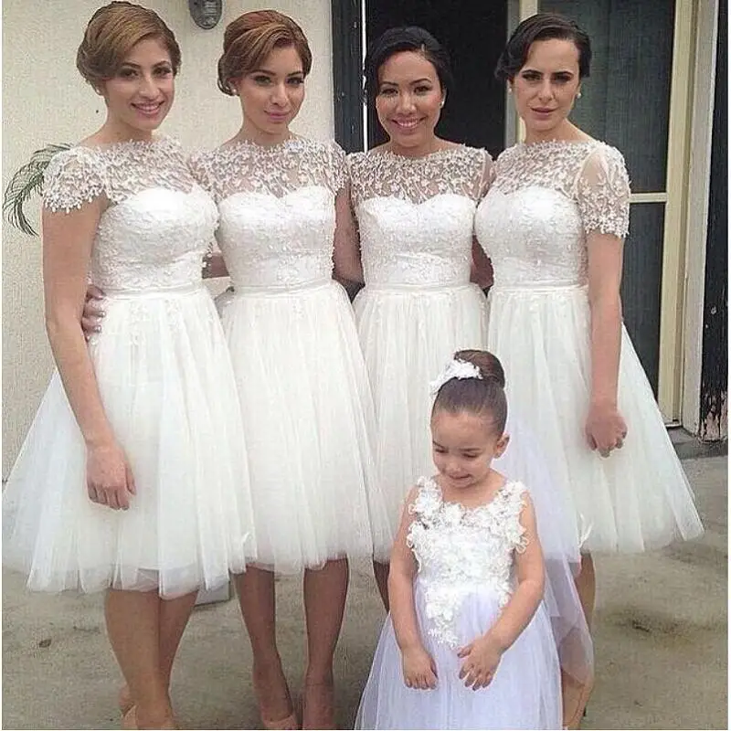 

Country Style Bridesmaid Dresses Knee Length 2021 Vestido De Festa Longo Applique Lace Maid Of Honor Dress Wedding Guest Gowns