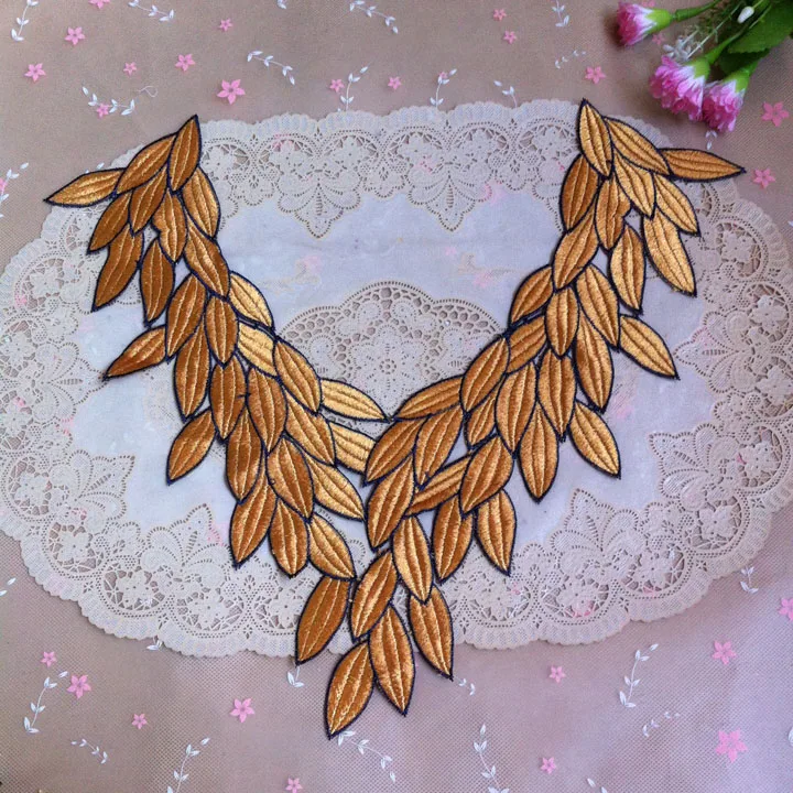 1 шт. кружевной воротник с вышивкой в виде золотых желтых листьев|neckline collar|lace