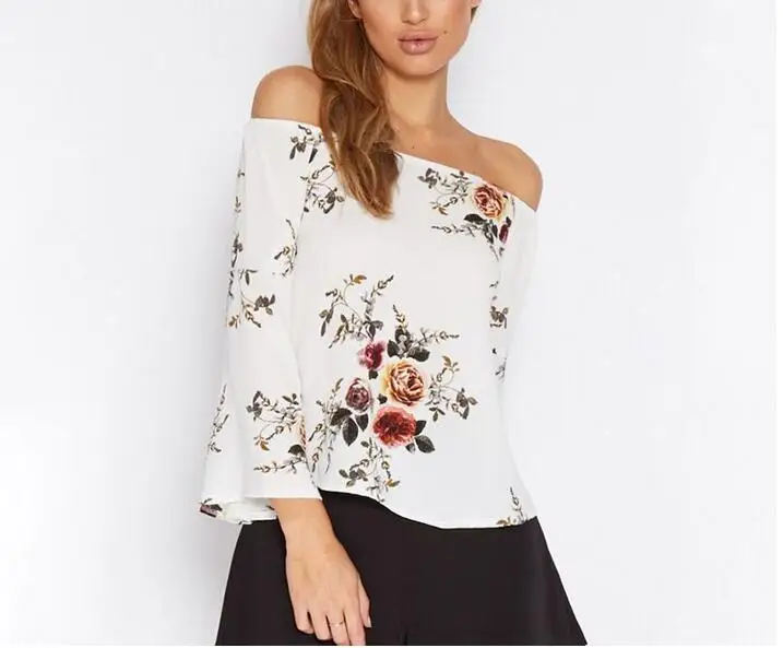 2017 Off Shoulder Chiffon Blouse Print Shirt Women Summer Sexy Tops Casual Flare Sleeve Blusas Feminina Female Blouses |