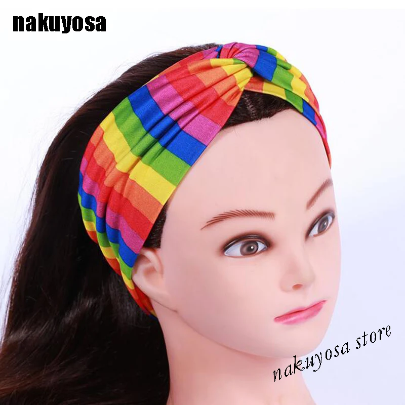 Ретро Радужный сетчатый полосатый Женский головные повязки для йоги повязка от