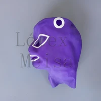 zentai latex hoods open eyes nostrils mouth and hair holes in purple color with back zip for adults