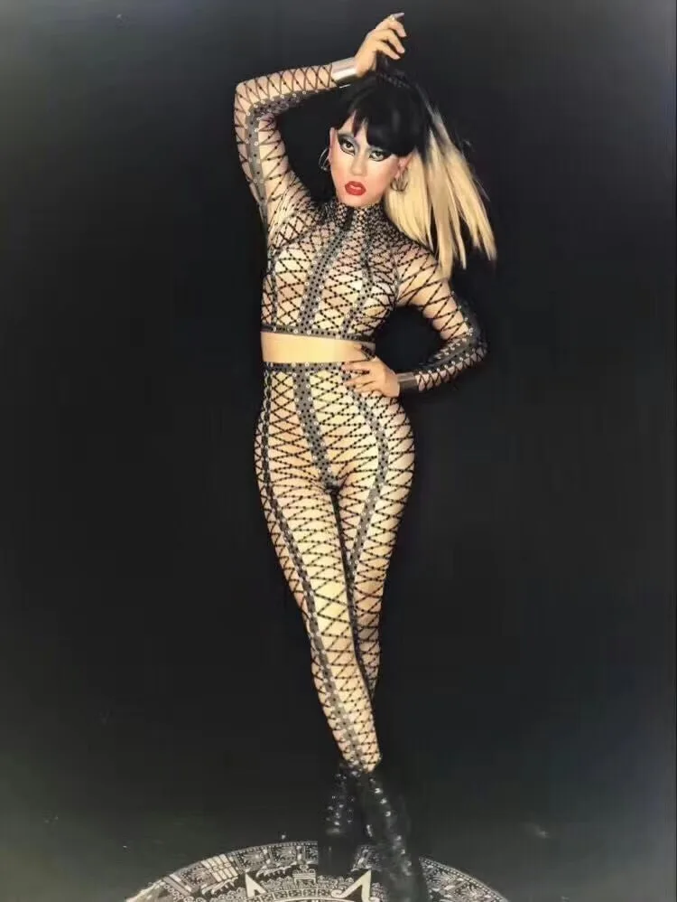 Женские Новые костюмы с яркими кристаллами сексуальные черные комбинезоны