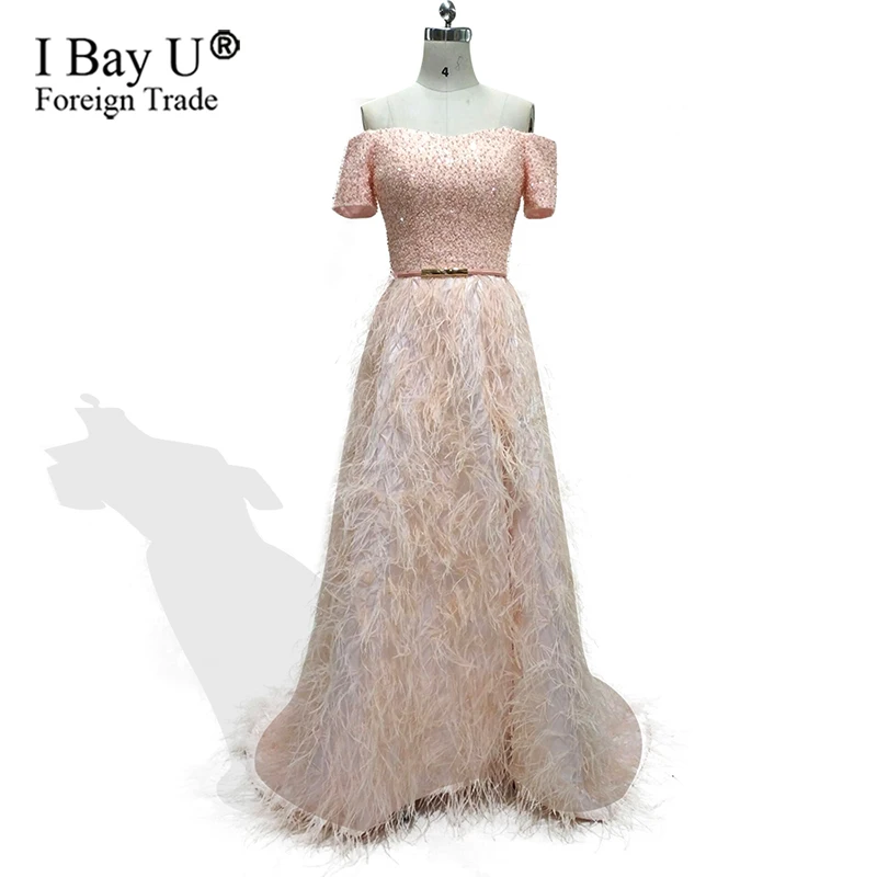 

Real Photos Ostrich Feather Handy Beads Crystal Evening Dresses 2020 Celebrity Dresses Long Luxury Formal Evening Gowns Dresses