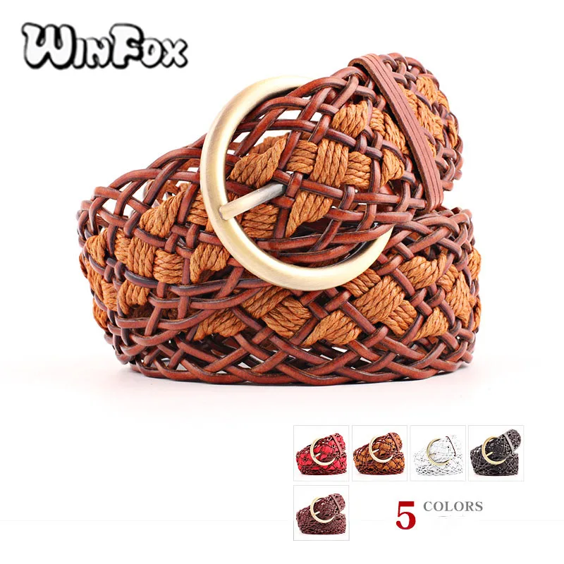 Winfox винтажный черный красный плетеный полый PU широкий кожаный ремень женский