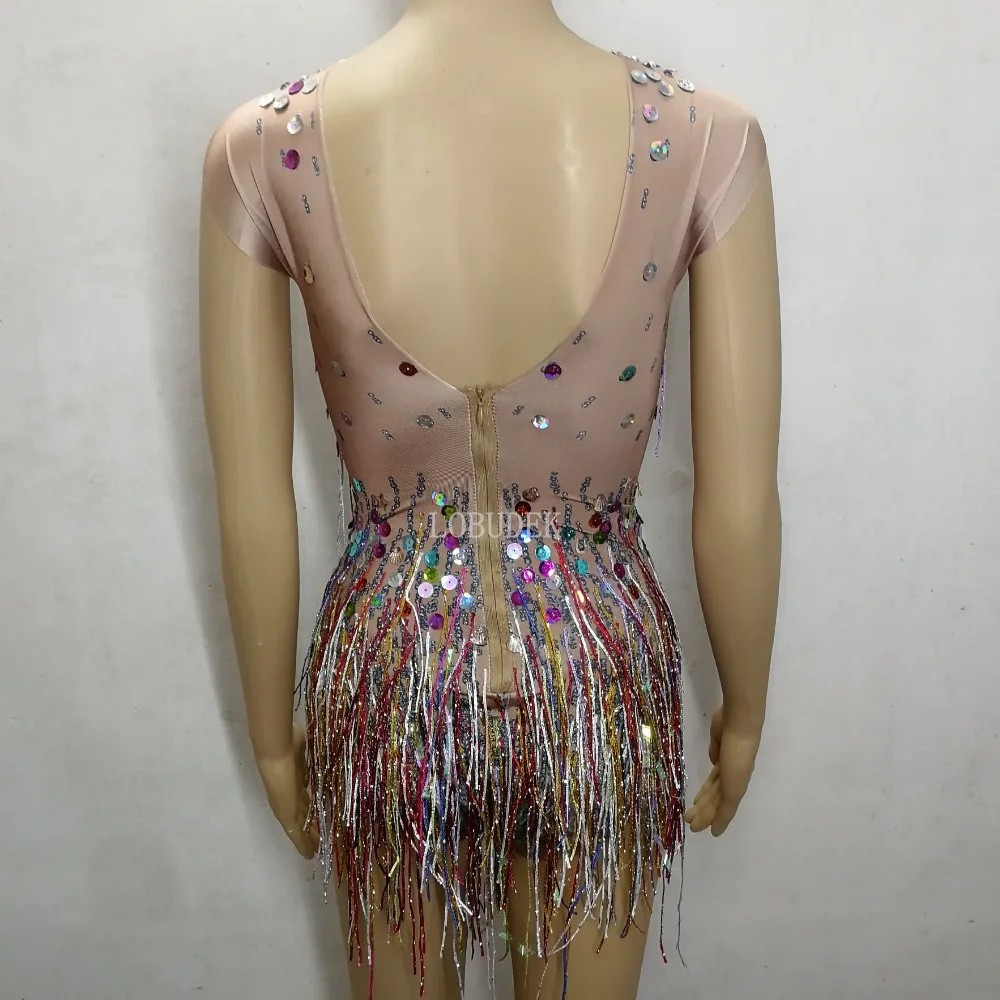 Two Styles Colorful Rhinestones Tassels Bodysuit Sleeveless Crystals Fringed Bodysuit Nightclub Sexy Women Stage Dance Costume