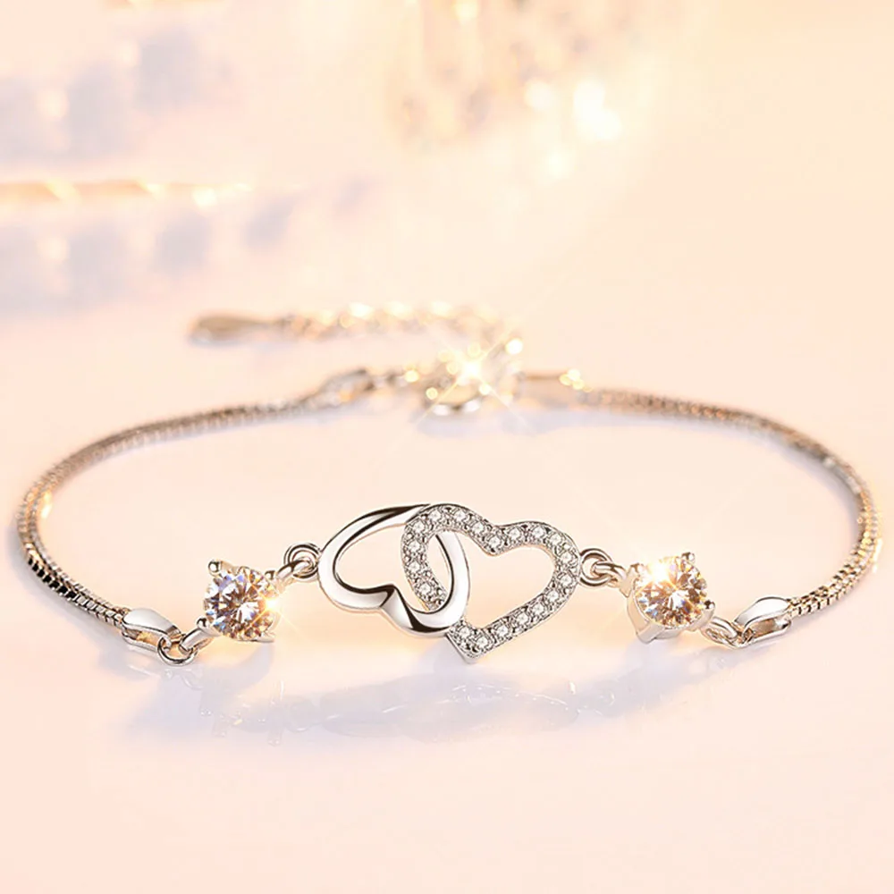 

Authentic 925 Sterling Silver Bracelet Heart To Heart Box Chain Crystal Bracelets Bangles For Women Wedding Party Jewelry Gift