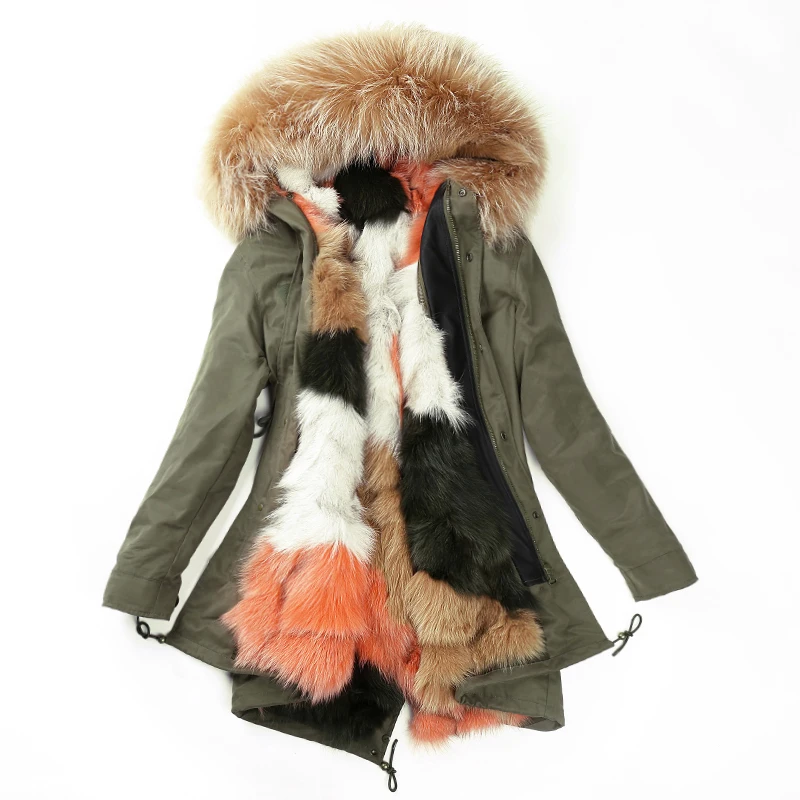

Luxury Fur Parka Winter Women Coat Warm Long Real Fox Lining Raccoon Hoody Outerwear LF4214