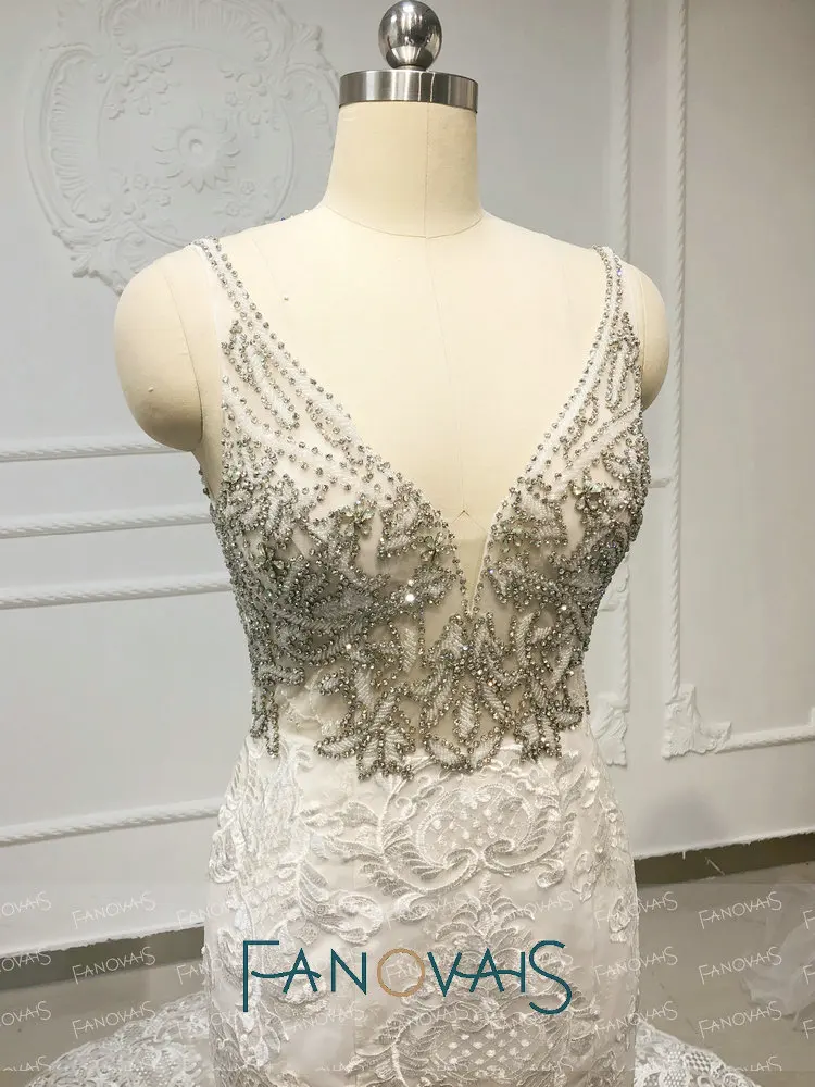 Crystal RhineStone Luxury Mermaid Wedding Dresses Lace Wedding Gowns Vestido De Novia Длинный Поезд Пляж Свадебные Платья