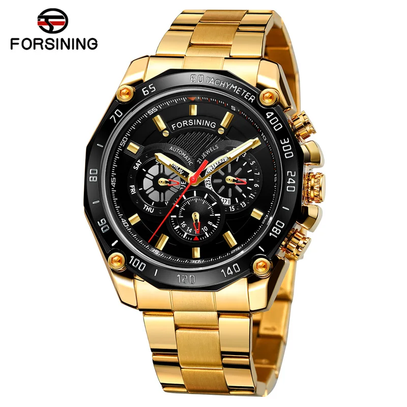 Gold Black FORSINING Лидирующий бренд, мужские часы с автоматическим заводом, мужские Модные Серебристые синие автоматические механические часы, мужские роскошные деловые наручные часы - Цвет: Gold Black