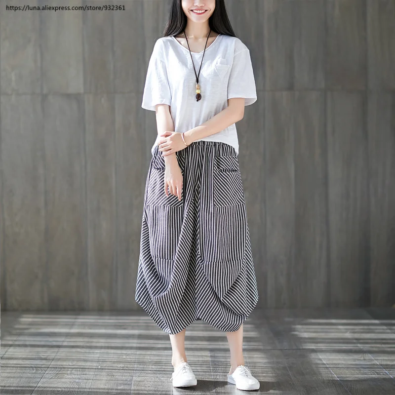 Асимметричная Свободная Женская юбка в полоску стиле ретро с большим карманом