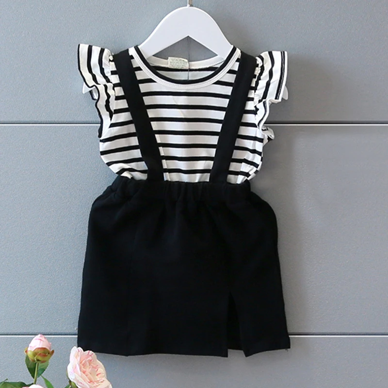 2016 г. Летняя новая детская одежда Платья для маленьких девочек Костюм в полоску
