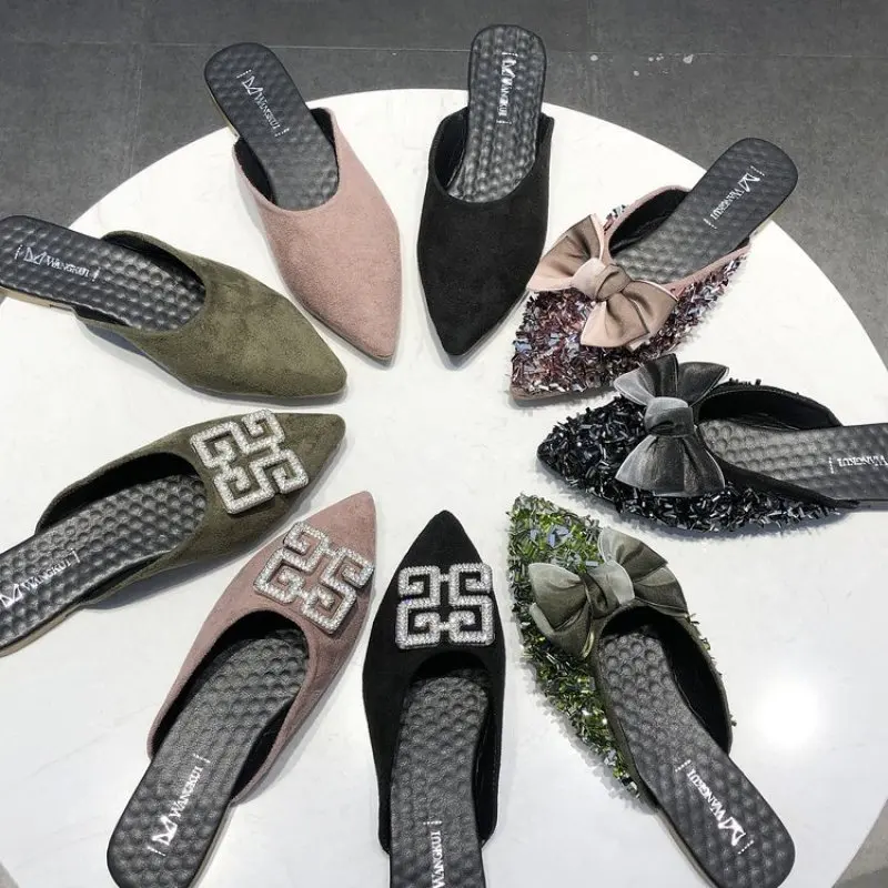 2019 летние тапочки на плоской подошве модные туфли без задника женские