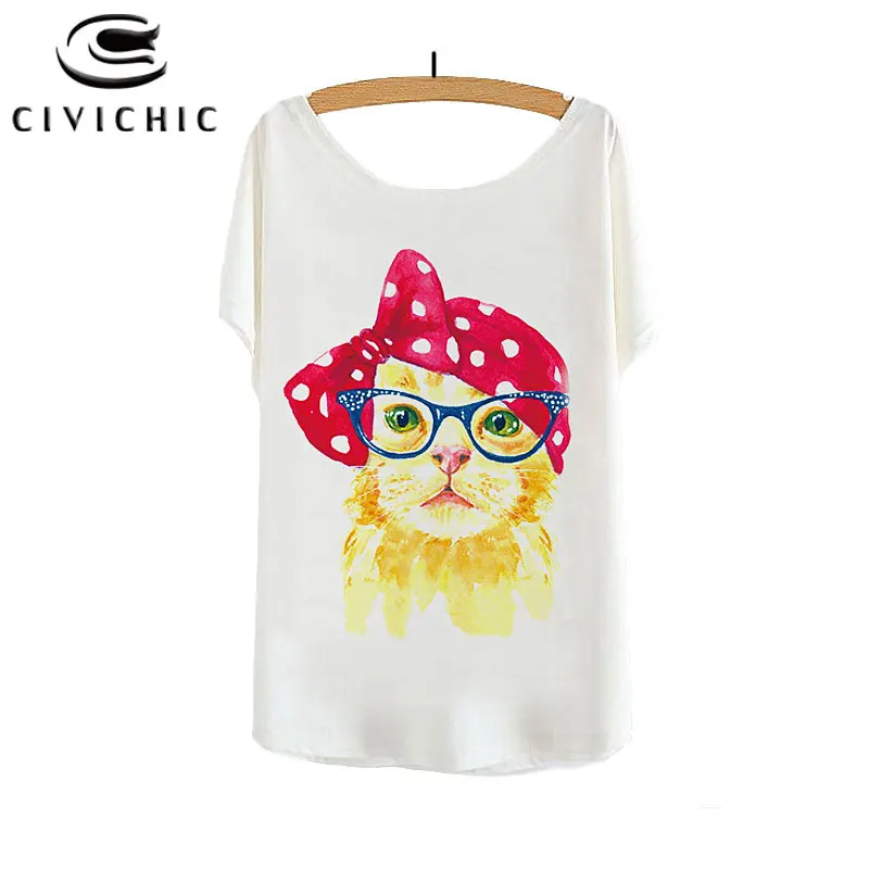 

CIVI CHIC Kitty Bow Tie Print Tops Summer O Neck Women T-shirts Lovely Cat Printed Tees Bat Sleeves Cute T shirts One Size WST56