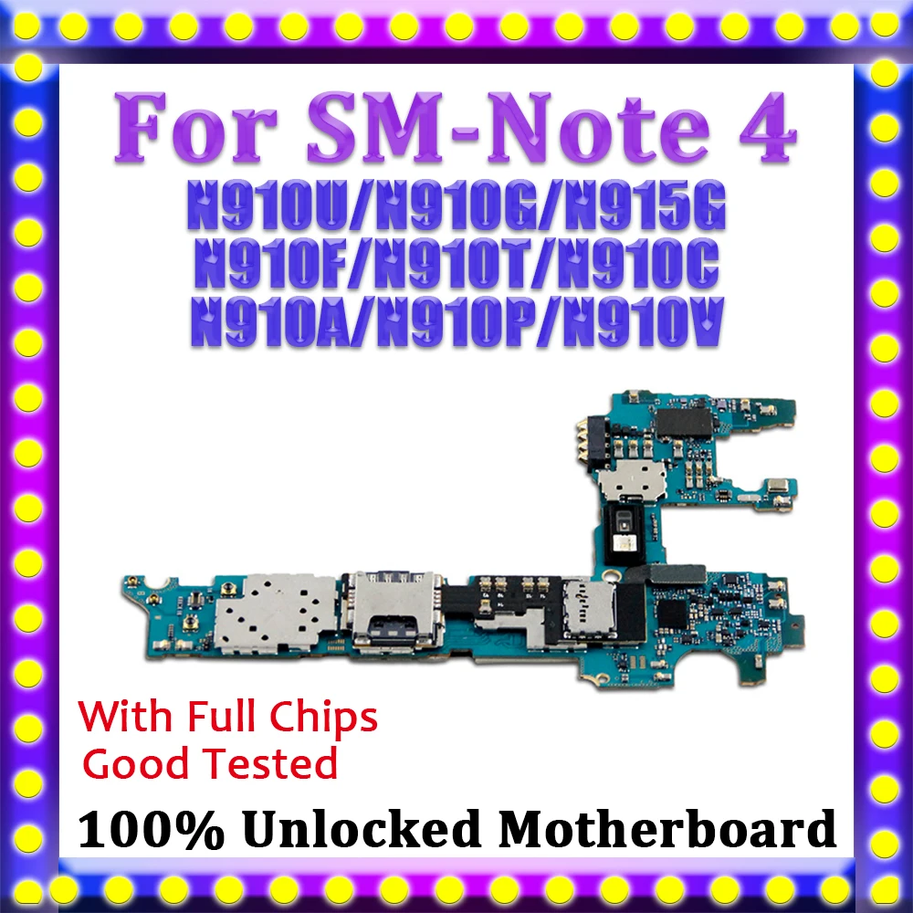 Полный испытания материнская плата, Логическая плата для samsung Galaxy Note 4 материнская плата N910C/N910F/N910G/N910T/N910U/N910A/N910P/V с чипами
