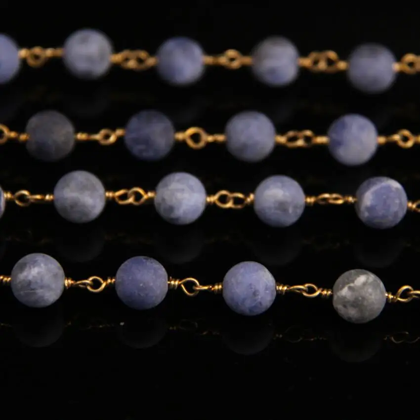 

8mm Matte Round bead Natural Stone Rosary Chain,Blue Sodalite Link Brass Wire Wrapped Chain,Fashion Necklace Bracelet Jewelry