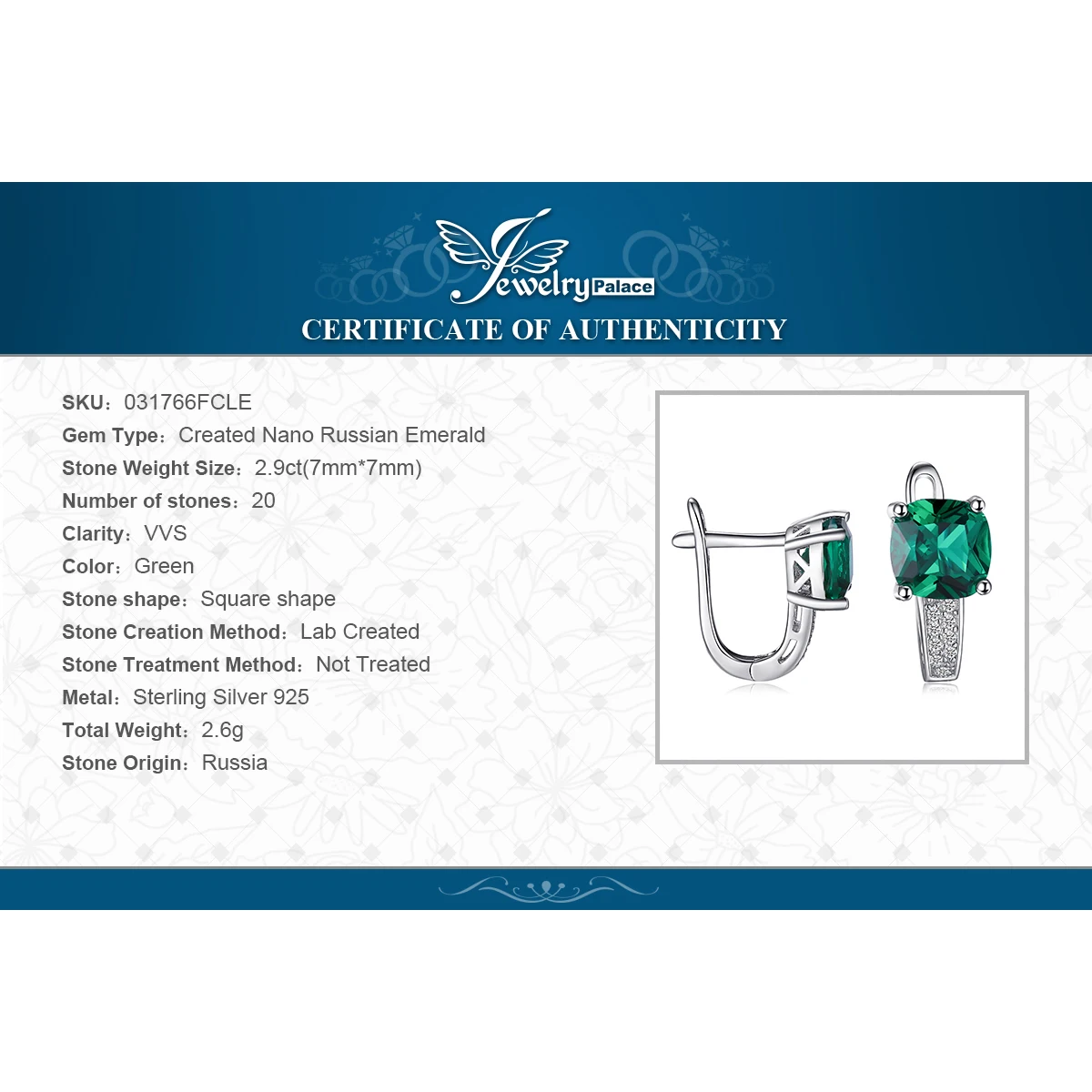 JewelryPalace Cushion Cut Simulated Green Emerald 925 Sterling Silver Clip Earrings for Women Fashion Gemstones Huggie Earings