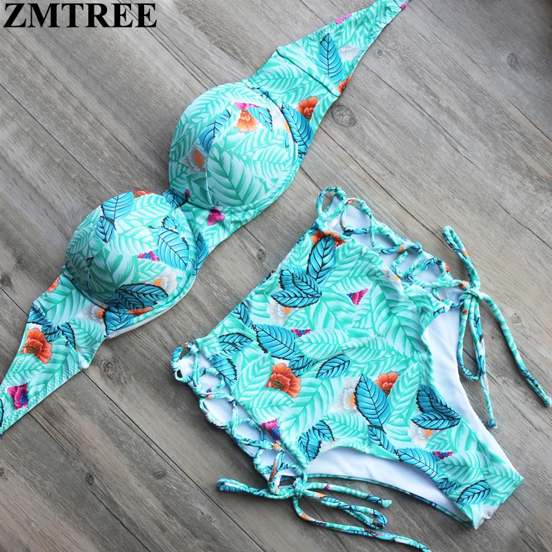 ZMTREE 2017 Новинка бикини женский купальник Высокая талия набор купальники