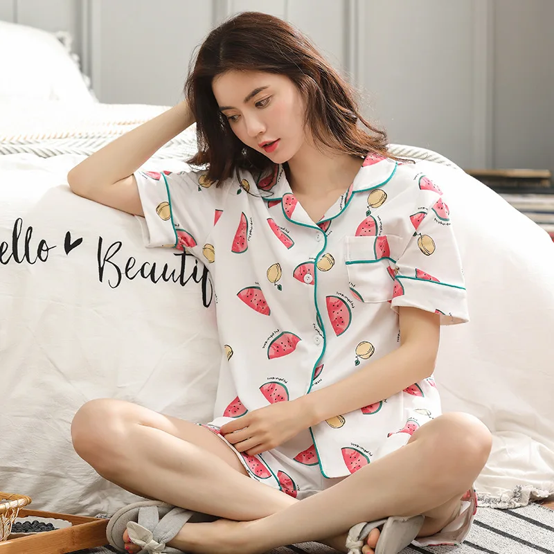 

Women 2019 new turn down collar summer short sleeve shorts cardigan cotton large size lapel pajamas pajama sets pajama set