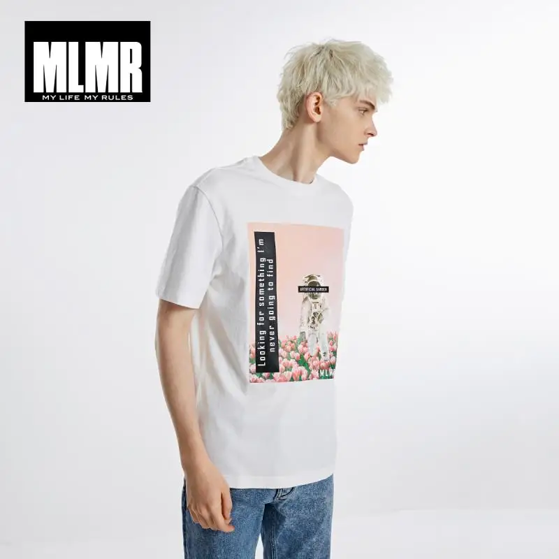 MLMR Мужская осень 100% хлопок абстрактный принт круглый вырез с коротким рукавом