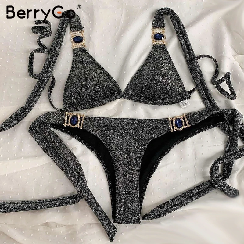 BerryGo, бикини, сексуальный, из двух частей, женский купальник, сексуальный, блестящий, треугольник, Холтер, купальник, Одноцветный, летний, пляжный, бикини, набор, купальники
