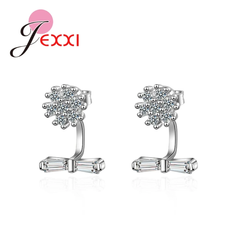 

Clearly White Crystals Tiny Blossom Shaped Real 925 Sterling Silver Cute Bowknot Female Women Stud Earrings Brincos Bijoux