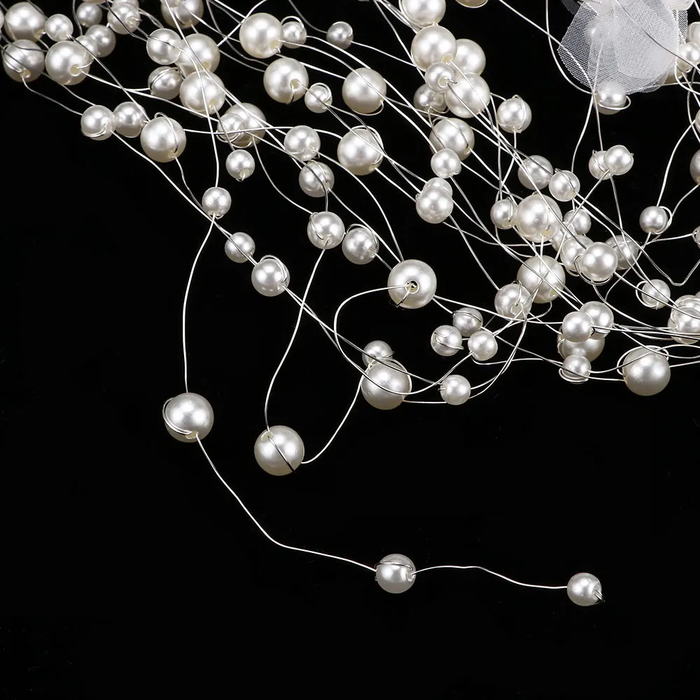 

Imitation Pearl Long Bridal Hairbands Romantic Handmade Yarn Floral Wedding Headbands Exquisite Tiara Headpiece Jewelry