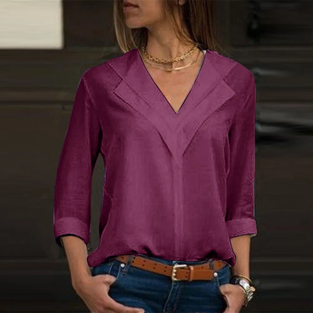 Белая блузка с длинным рукавом шифоновая двойным v-образным вырезом Женские топы