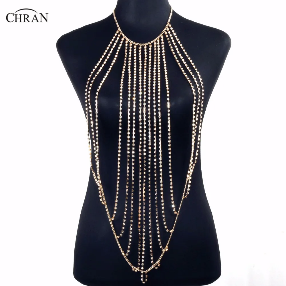 

Chran Beach Chain Bra Slave Harness Halter Necklace Rhinestone EDM Girls Rave Belly Waist Chainmail Coachella Jewelry CRBJ265