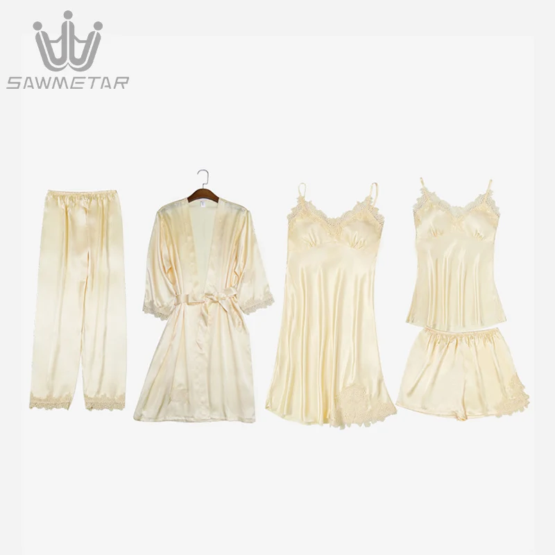 Summer Pajamas Women Silk Pijama 5 Pieces Pyjama Sexy Sleepwear Home Wear Home Clothing Lace Sleep Lounge With Chest Pads