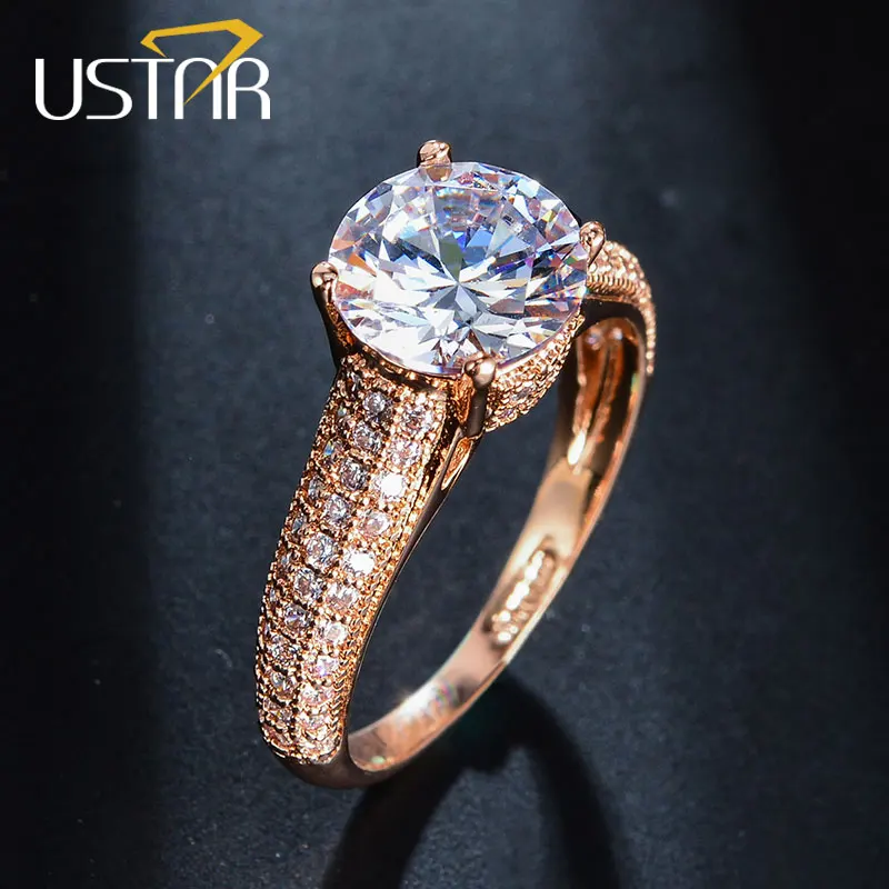 USTAR 1.25ct 7 мм AAA циркон обручальные кольца для женщин ювелирные изделия розовые золотистые Кристаллы Женские кольца для помолвки Anel высшего качества