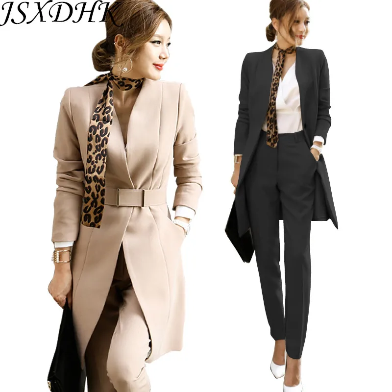 

JSXDHK Business Autumn Women 2 Piece Set 2021 Formal Long Sleeve V Neck Blazers Coat + Pencil Work Full Length Sashes Pant Suit