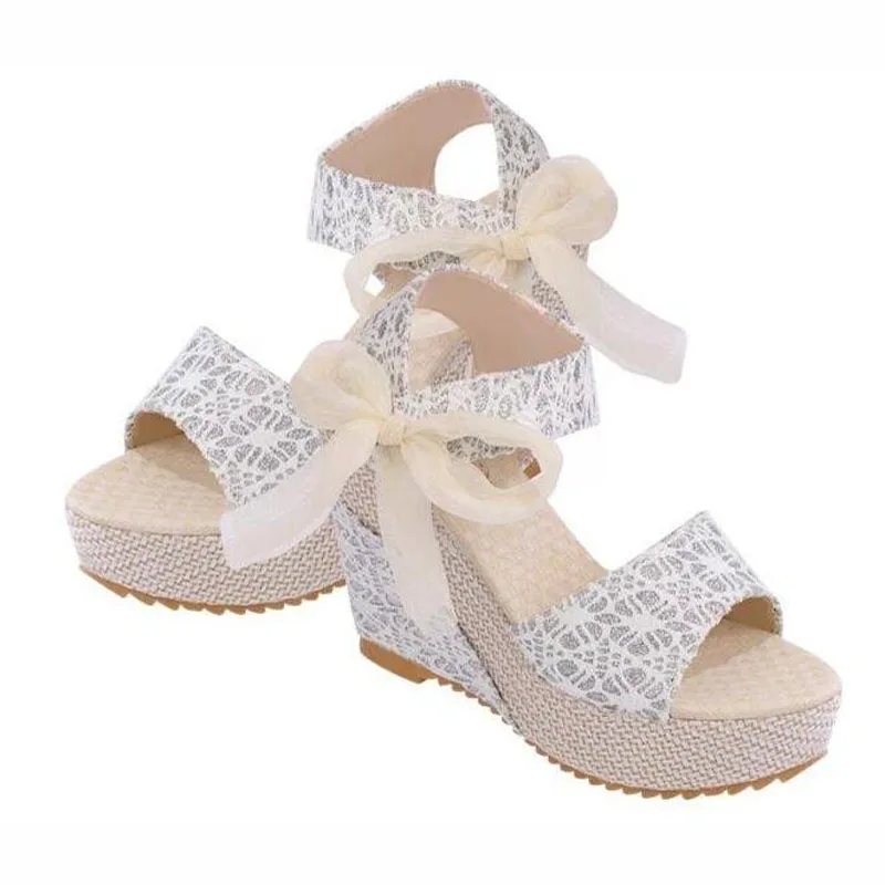 

Ladies Wedge Sandals Shoes Size 35-39 Summer Ladies Sandals Peep Toe Lace Women Buckle Strap Ladies Bowknot Platform Shoes