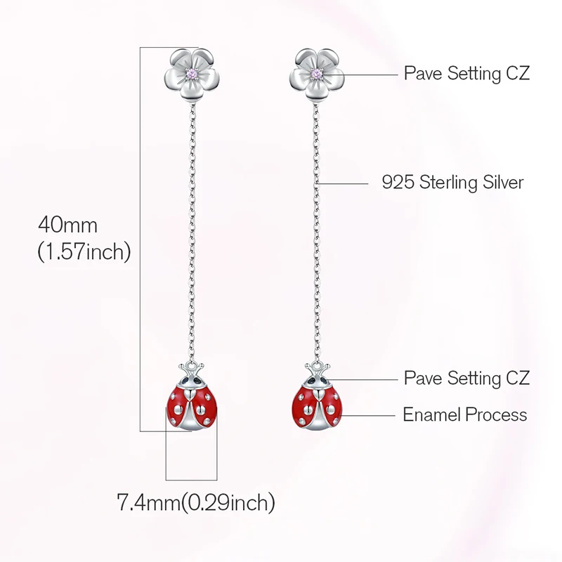 Strollgirl Authentic 925 Sterling Silver Cute Red Enamel Ladybug Stud Earrings Long Tassel Animal Earring Fashion Gift for Women | Украшения