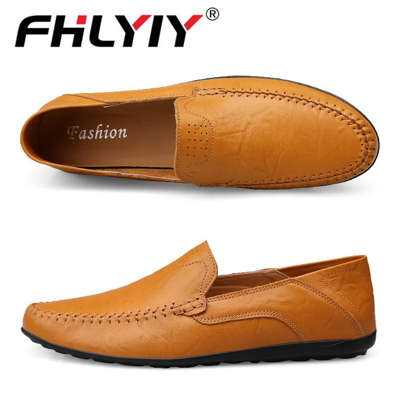 No-hole Yellow Brown Genuine Leather Mens Loafers Moccasins Autumn Men Shoes Casual Luxury Brand Breathable Slip on Boat Shoes - Цвет: No-hole Yellow Brown