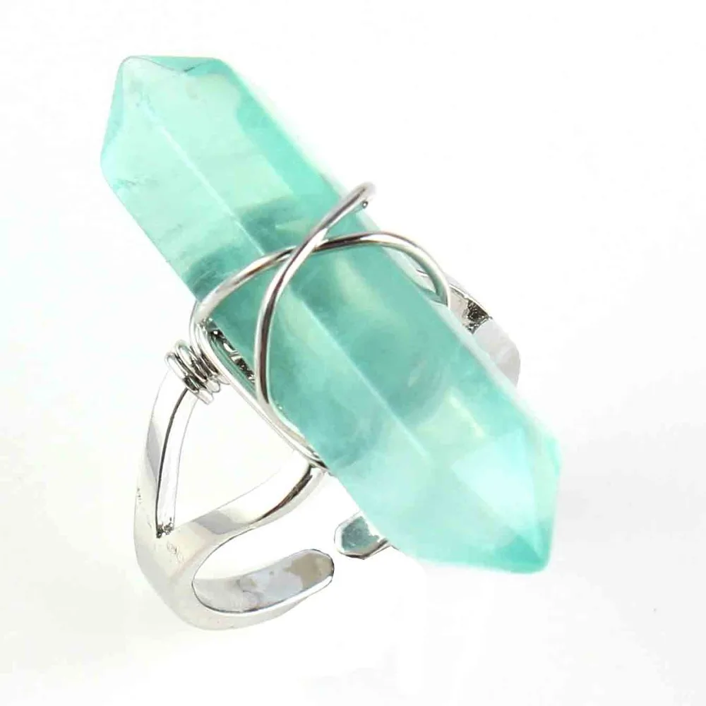 

100-Unique 1 Pcs Silver Plated Green Fluorite Hexagon Column Adjustable Stone Finger Ring Fashion Jewelry