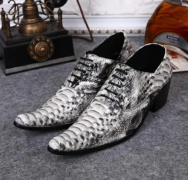 

Lace-Up Pointed toes Oxforda Genuine Leather Men's Dress Shoe Leopard print Mix Colour High Heel Height Increasing Shoes Formal