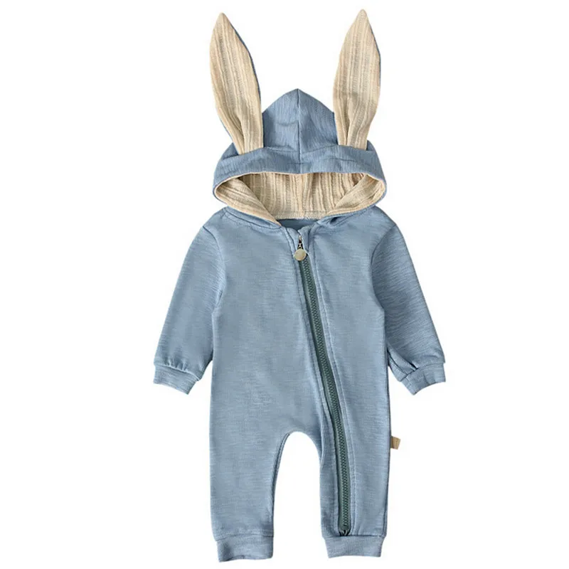 Детский однотонный комбинезон на молнии с длинным рукавом и кроличьими