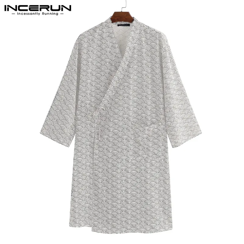Gray Robes Модные мужские халаты с принтом в японском стиле, кимоно, одежда для сна с коротким рукавом, удобные свободные мягкие мужские халаты, домашняя одежда, S-5XL INCERUN - Цвет: Gray Robes