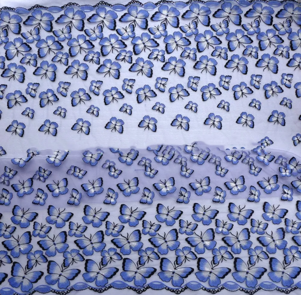 5 ярдов красивый высокое качество 3d розовый/винный/синий бабочка вышивка ткань