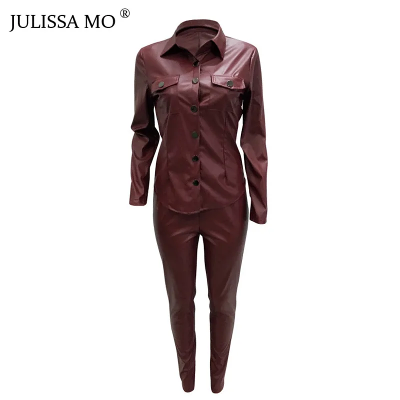 wine red Julissa mo 2 шт. набор из искусственной кожи спортивный костюм женский комбинезон с длинным рукавом футболка+ брюки с высокой талией повседневный комбинезон на пуговицах - Цвет: wine red
