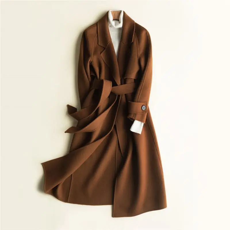 New Autumn Winter Pure Handmade Cashmere Coat Women Trench Cardigan Double Faced Wool Jacket Ladies Solid Overcoat X28