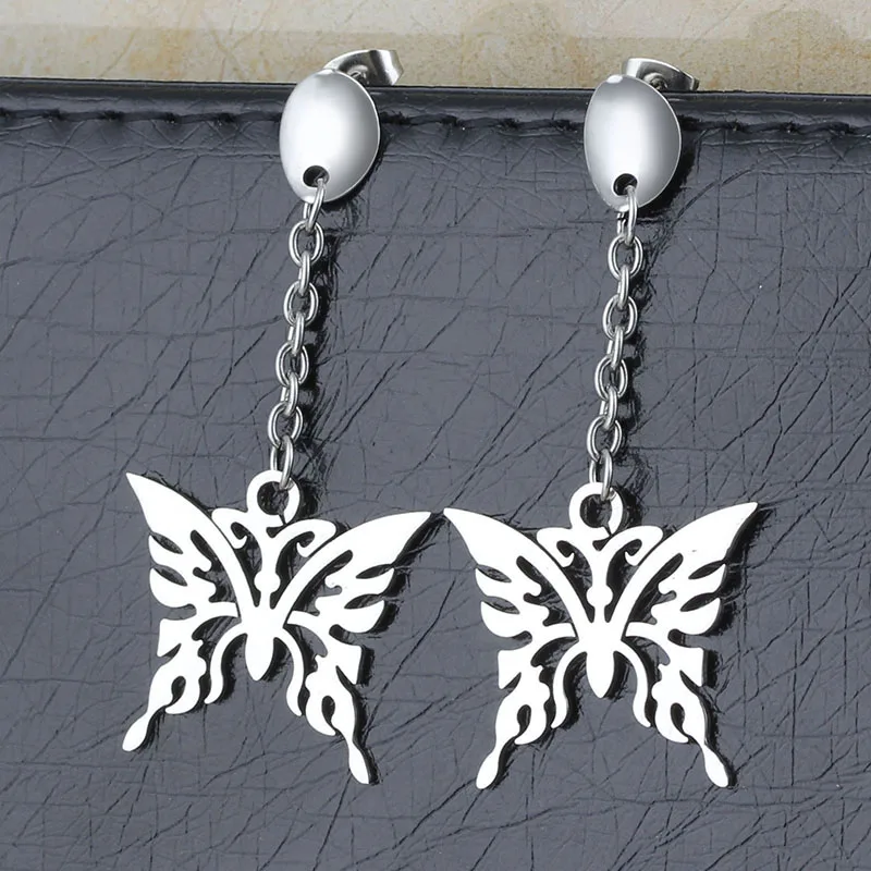 Модные висячие серьги подвески из титановой стали с цепочкой в виде бабочки для
