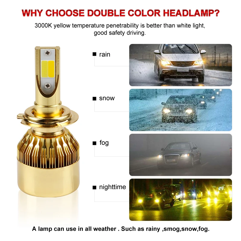 OKEEN Car Headlight H4 H7 LED Bulbs 3000K Amber 6000K White H1 H3 H8 H11 9005 HB3 9006 HB4 880 881 H27 Dual Color Headlamps | Автомобили и
