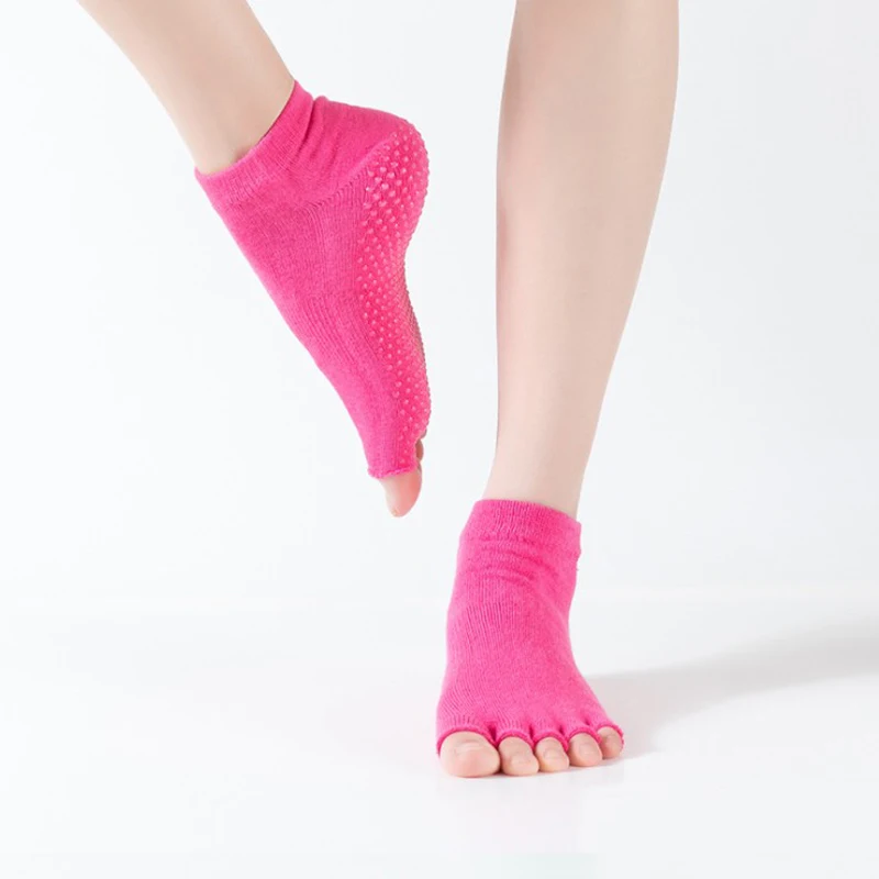 Rose red 1 пара спортивных носков для занятий балетом женские профессиональные нескользящие носки с открытым носком для йоги хлопковые носки с пятью пальцами носки для пилатеса - Цвет: Rose red