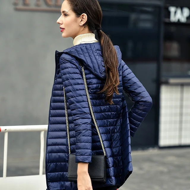 Navy Blue Длинный ультра-светильник, 80% белый утиный пух, женская зимняя куртка, тонкое женское зимнее тонкое длинное теплое пальто, ветрозащитное пуховое пальто 4XL - Цвет: Navy Blue