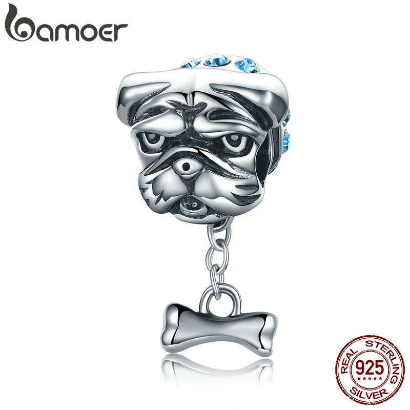 BAMOER, натуральная 925 пробы, серебряные, милые бусины с бульдогом, собачка, голубой CZ, подвески, подходят для женщин, браслеты, изготовление ювелирных изделий, S925 SCC187