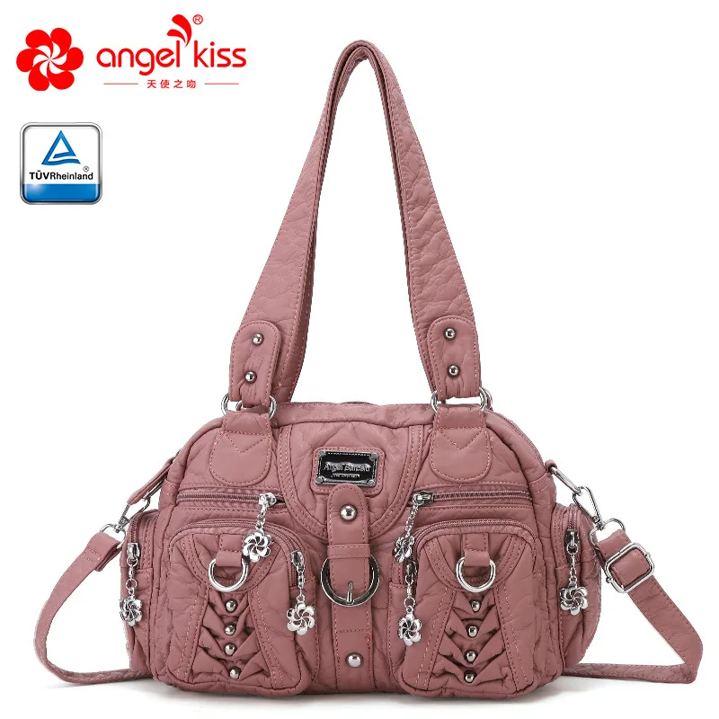 Angelkiss Модные Женские Сумки из искусственной кожи с эффектом потертости, Женская нежная Большая вместительная сумка на плечо, кошелек, сумки-шопперы для женщин - Цвет: Розовый